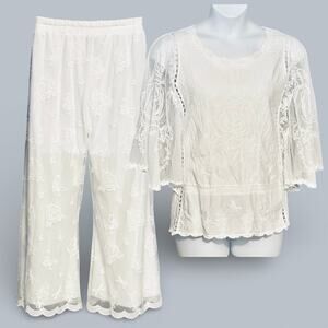 Antthony Ivory Lace Overlay Tunic Top Wide Leg Pants Set Resort Bridal L